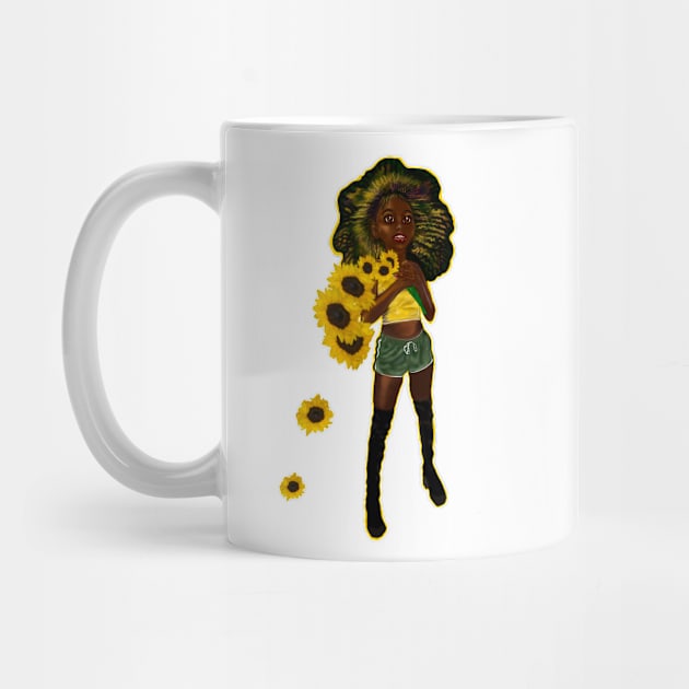 Anime Afro anime sunflower wielding warrior princess - beautiful girl with Afro hair, brown eyes and dark brown skin by Artonmytee